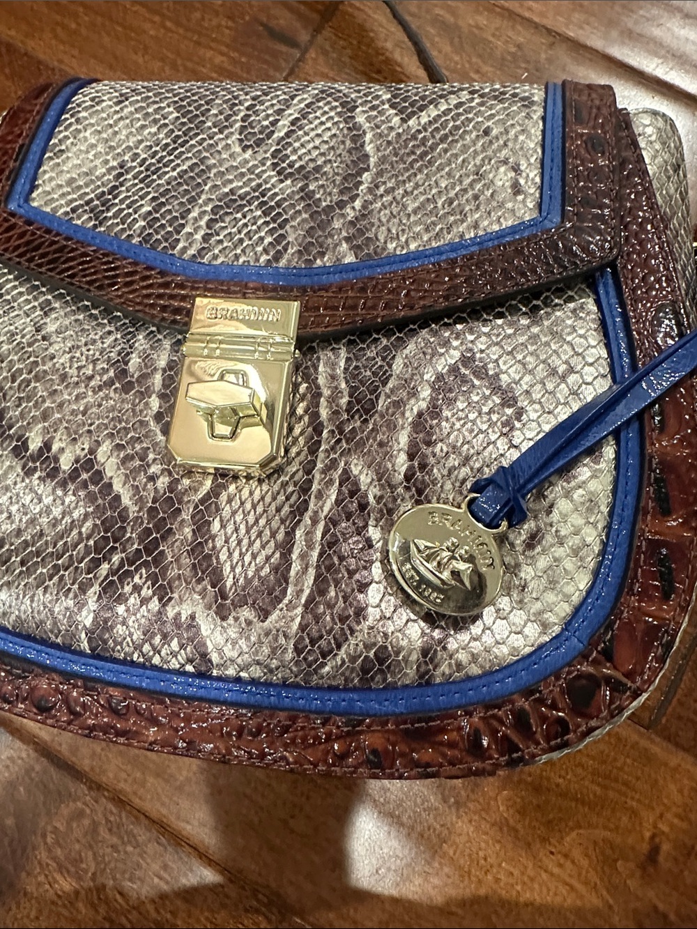 Brahmin Brown & Cream Snake-Print Crossbody with Blue Trim - Picture 3 of 3